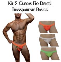 Kit 3 Cuecas Fio Dental Masculina Transparente Básica Sexlord 1 Laranja + 1 Verde + 1 Branca
