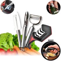 Kit 3 Descascadores Inox Legumes E Amolador Faca Afiador Profissional com cabo 3 EM 1