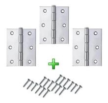 Kit 3 Dobradiças 3 1/2 Polegadas 18 Parafusos Ferro Zincado