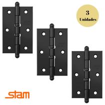 Kit 3 Dobradiças Porta Pino Bola c/ Anéis 3 1/2 Preto Stam