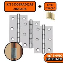 Kit 3 Dobradiças Zincada Com Parafuso Para Porta De Madeira 6,4cm