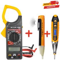 Kit 3 em 1 Amperímetro Digital Alicate + Caneta Detector tensão + Chave Teste de Corrente e Voltagem