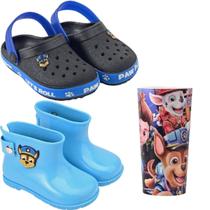 Kit 3 Em 1 Bota Galocha + Babuche Papete E Copo Azul Kids