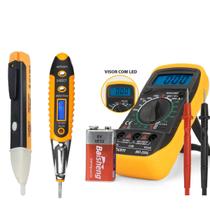 Kit 3 em 1 Caneta Detector tensão + Chave Teste Digital de Corrente e Voltagem + Multímetro Kit 3 em 1 Caneta Detector tensão + Chave Teste Digital de Corrente e Voltagem + Multímetro