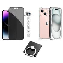 Kit 3 em 1 Capinha Transparente + Película 3D Privacidade + Suporte de Anel para Iphone 15 Plus
