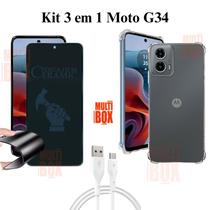 Kit 3 em 1 Capinha Transparente + Película Privacidade Fosca + Cabo USB Tipo C para Moto G34