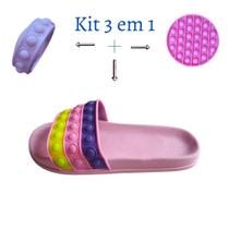 Kit 3 em 1 - Chinelo Slide Infantil POP IT + Brinquedo + Pulseira - ROSA CLARO