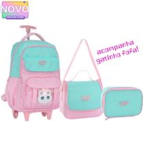 Kit 3 em 1 Mochila Gatinho fofo com Rodinhas Bolsa Tiracolo Estojo Feminina Volta às Aulas