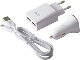 Kit 3 em 1 Oex Lightning - Carregador Veicular, 2 USB + Cabo Lightning + Carregador de Tomada, 2 USB, Branco - KV101