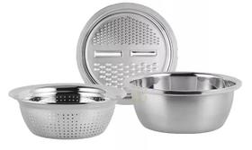 Kit 3 Em 1 Ralador 4 Laminas, Escorredor para Macarrão, Tigela 26cm Inox Aço Inoxidável Kit 3 Em 1 Ralador 4 Laminas, Escorredor para Macarrão, Tigela 26cm Inox Aço Inoxidável