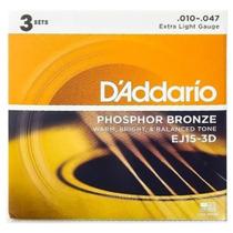 Kit 3 Encordoamento Violão Aço Phosphoro Bronze 010 Tensão Leve D'addario EJ15-3D 03Jg - D'Addario