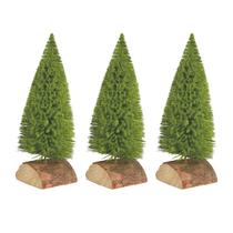Kit 3 Enfeite Mini Pinheiro Verde Base Madeira Natalino 18cm