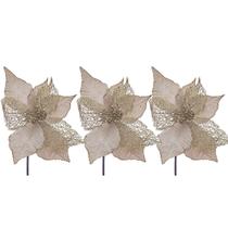 Kit 3 Enfeite Natal Decorativo Poinsettia Champagne Dourada