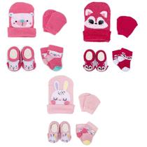 Kit 3 Enxoval Touca Luva Meia e Pantufa Bebê Recém Nascido Menina Kit 3 Enxoval Touca Luva Meia e Pantufa Bebê Recém Nascido Menina