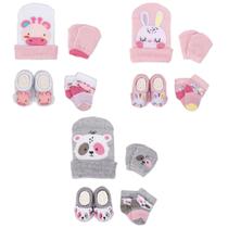 Kit 3 Enxoval Touca Luva Meia e Pantufa Bebê Recém Nascido Menina Kit 3 Enxoval Touca Luva Meia e Pantufa Bebê Recém Nascido Menina