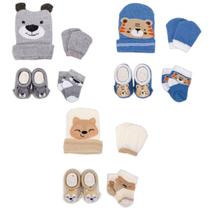 Kit 3 Enxoval Touca Luva Meia e Pantufa Bebê Recém Nascido Menino