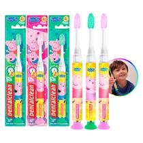Kit 3 Escova de Dente com Luz Led Peppa Pig Infantil Timer Rosa Verde com Ventosa Dentalclean