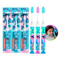 Kit 3 Escova de Dente com Luz Led Stitch Infantil Timer Azul Rosa com Ventosa Dentalclean