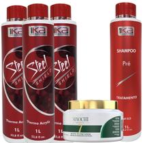 Kit 3 Escova Progressiva 1ka Steel Shield 1L Profissional Orgânica e Shampoo Antirresíduo Pré Quimica e Creme Neutralizante Reparação Hidratação 500g