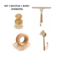 Kit 3 Escovas de Limpeza e e Rodo de Pia Dobrável Bambu - Oikos