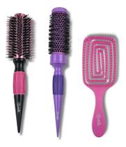 Kit 3 Escovas Diversas Profissional Rosa Cerdas Nylon 685bt