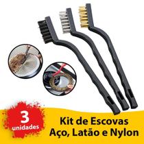 Kit 3 Escovas Multiuso Jogo Escovinhas Aço Cobre Nylon Limpa Grelha Churrasqueira