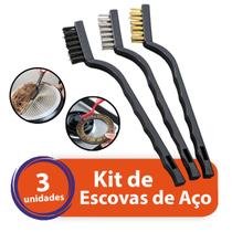 Kit 3 Escovas Multiuso Jogo Escovinhas Aço Cobre Nylon Limpa Grelha Churrasqueira Conjunto Limpeza