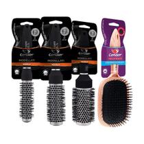 Kit 3 Escovas Profissionais Cabelo Cerdas Javali + Raquete - Condor