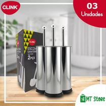 Kit 3 Escovas Sanitária Vassoura Vaso Aço Inox Suporte Banheiro