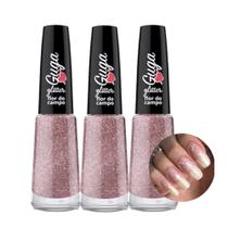 Kit 3 Esmalte para Unhas Flor do Campo Rosa Claro Glitter Brilho Guga 604 8ml
