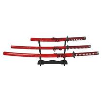 Kit 3 Espadas Katana Red Dragon Com Suporte De Mesa - Tenda Medieval