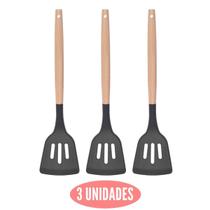 Kit 3 Espatula Silicone Vazada Preto Multiuso Cabo Bambu - UNIVENDAS