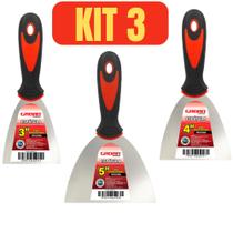 Kit 3 Espátulas de Aço Inox com Cabo Emborrachado Para Gesso Massas Drywall Pintura Rejunte