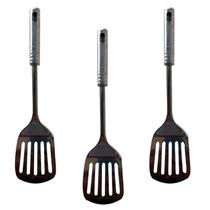 Kit 3 Espatulas Fritura Chapeiro Vazada Prata 33cm