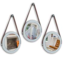 Kit 3 espelhos adnet moldura branca 28 cm com cinta cor marrom de pendurar redondo de vidro