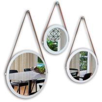 Kit 3 espelhos adnet moldura branca 48 e 38 e 28 cm com cinta cor marrom de pendurar redondo de vidr