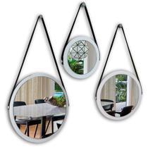 Kit 3 espelhos adnet moldura branca 48 e 38 e 28 cm com cinta cor preta de pendurar redondo de vidro