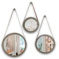 Kit 3 espelhos adnet moldura marrom 48 e 38 e 28 cm com cinta cor marrom de pendurar redondo de vidr