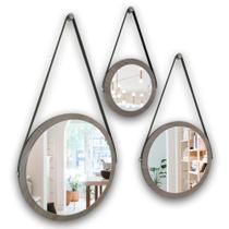 Kit 3 espelhos adnet moldura marrom 48 e 38 e 28 cm com cinta cor preta de pendurar redondo de vidro