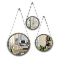 Kit 3 espelhos adnet moldura marrom 58 e 48 e 38 cm com cinta cor marrom de pendurar redondo de vidr