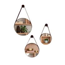 KIT 3 Espelhos Redondo Decorativo Adnet 30cm 25cm 20cm com Alça Couro + Suporte KIT 3 Espelhos Redondo Decorativo Adnet 30cm 25cm 20cm com Alça Couro + Suporte