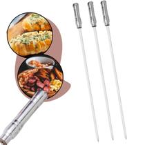 Kit 3 Espetos Aperitivo Estreito Alumínio Chato para Assar Churrasco Miúdos Coração Asa Pão de Alho Cabo Madeira Revestido Churrasqueira Alvenaria