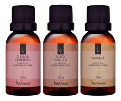 Kit 3 Essencias Hidrossoluvel Para difusor Ultrassonico Black Cerejeira Vanilla Via Aroma Kit 3 Essencias Hidrossoluvel Para difusor Ultrassonico Black Cerejeira Vanilla Via Aroma