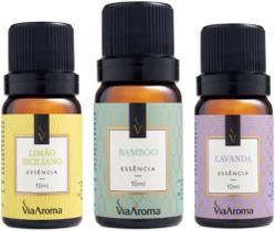 Kit 3 Essências Via Aroma - Aromatizador Aromaterapia 10ml Maça, Vanilla, Lavanda, Cerejeira, Bamboo