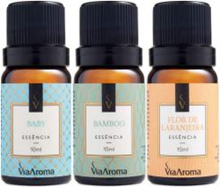 Kit 3 Essências Via Aroma - Aromatizador Aromaterapia 10ml Maça, Vanilla, Lavanda, Cerejeira, Bamboo