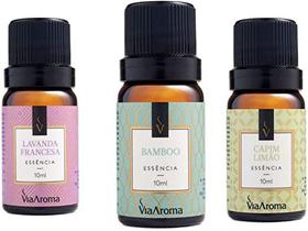 Kit 3 Essências Via Aroma De Aromatizador Aromaterapia 10ml - Lavanda Francesa, Bamboo e Capim Limão