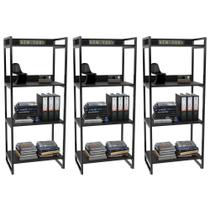 Kit 3 Estante Livreiro Prisma Estilo Industrial 60cm 4 Prateleiras Preto Onix - Mpozenato Kit 3 Estante Livreiro Prisma Estilo Industrial 60cm 4 Prateleiras Preto Onix - Mpozenato