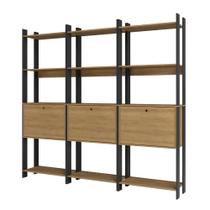 Kit 3 Estantes para Livros 3 Portas 15 Prateleiras Estilo Industrial Lâmina Mel/Preto - BRV Móveis