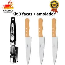 kit 3 facas de cozinha aço inox 5 mais amolador profissional