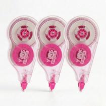 Kit 3 Fita Corretiva 12m para Documentos Correção Limpa Sem Borrar Escrita Por Cima Imediata Rosa Lilás Azul Transparente Papelaria -